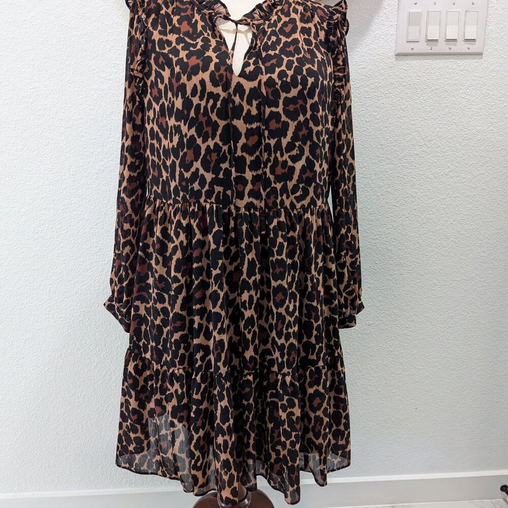 J Crew Tie-neck Tiered Leopard Chiffon Dress